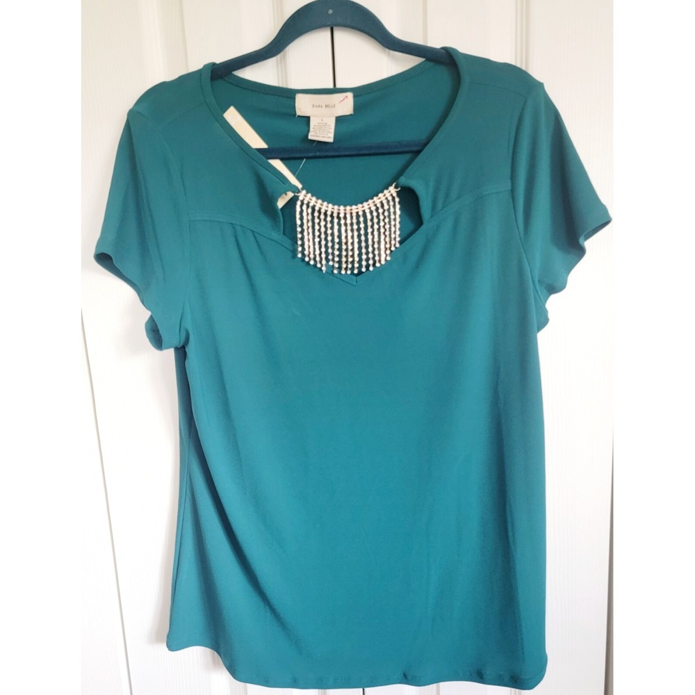 Diana Belle L Blouse‎ Emerald Green Waterfall Drape Rhinestone Neckline SS NWT